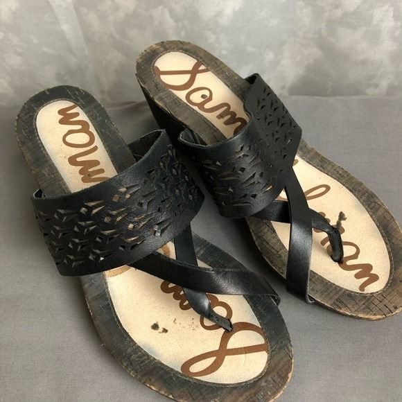Sam Edelman Nylee Black Leather Thong Die Cut Cork Wedge Sandals Size 6 - Picture 1 of 5